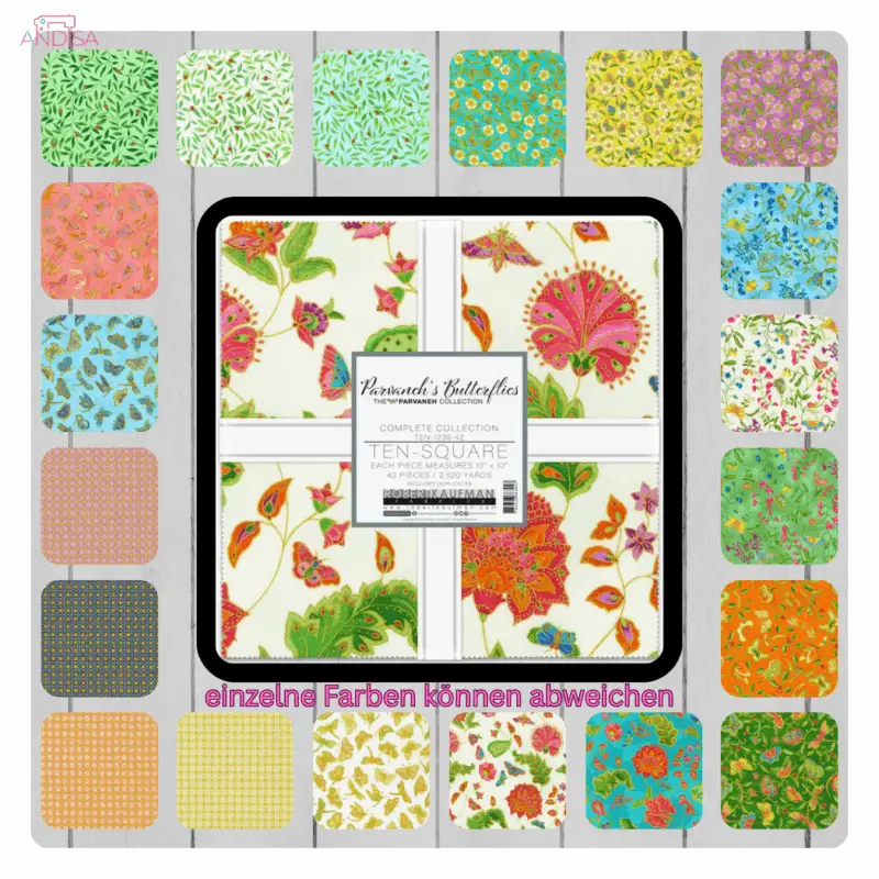 „Parvaneh’s Butterflies Layer Cake – bunter Stoff mit Schmetterlingen und floralen Mustern von Robert Kaufman, 42 Baumwollquadrate à 10 Zoll“