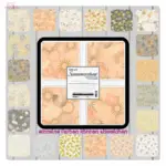 Stoffquadrate des „Wishwell Summerstone“ Ten Square von Robert Kaufman, mit sanften Pastelltönen und abstrakten Mustern, arrangiert auf weißem Hintergrund. Ein Stoffpaket mit 42 Stoffquadraten