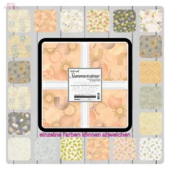 Stoffquadrate des „Wishwell Summerstone“ Ten Square von Robert Kaufman, mit sanften Pastelltönen und abstrakten Mustern, arrangiert auf weißem Hintergrund. Ein Stoffpaket mit 42 Stoffquadraten