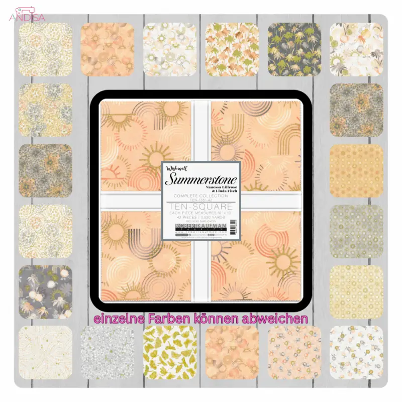 Stoffquadrate des „Wishwell Summerstone“ Ten Square von Robert Kaufman, mit sanften Pastelltönen und abstrakten Mustern, arrangiert auf weißem Hintergrund. Ein Stoffpaket mit 42 Stoffquadraten