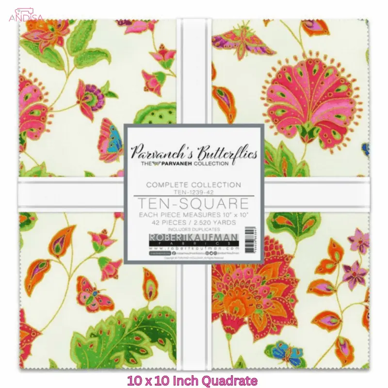 „Parvaneh’s Butterflies Layer Cake – bunter Stoff mit Schmetterlingen und floralen Mustern von Robert Kaufman, 42 Baumwollquadrate à 10 Zoll“