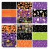 „Halloween Stoffpaket Glow-O-Ween von Benartex – 42 bunte Baumwollstoffe mit Kürbissen, Geistern, Skeletten und Glow-in-the-Dark-Effekt, 10x10 Zoll Quadrate“