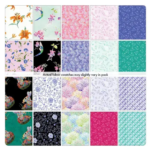 „A Painted Garden Layer Cake – künstlerischer Patchworkstoff mit Blumen, Tieren und Aquarelloptik von Lorraine Turner für Benartex, 42 Stoffquadrate à 10 Zoll“