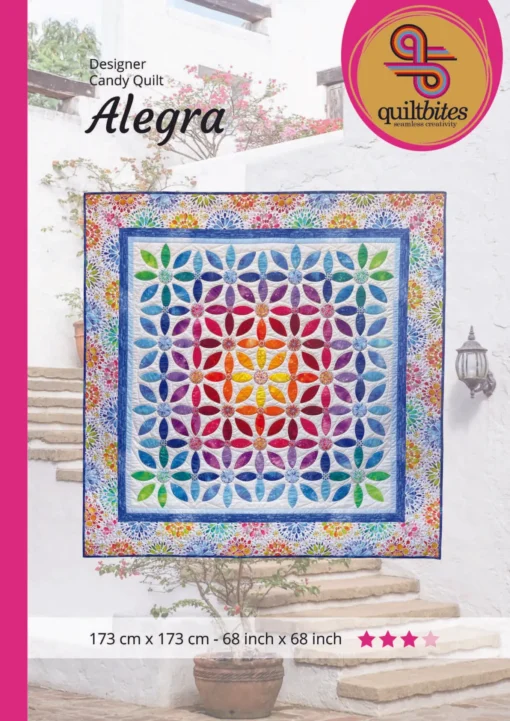 Quilt nach der Anleitung „Alegra“ von Quiltbites, gefertigt mit 16 Fat Quarters, Blumenstoff und Wonder Curve Ruler, farbenfrohes Patchwork-Design in 173 x 173 cm