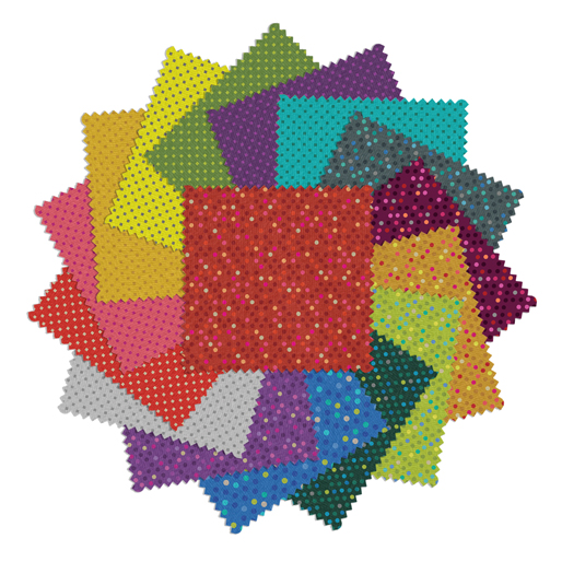 Charm Pack Dazzle Dots 2 – Bunte Stoffquadrate von Benartex im Punktedesign auf weißem Hintergrund