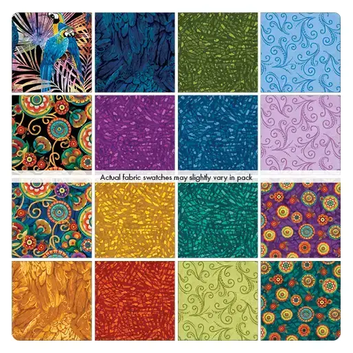 Detailaufnahme des Papagei Layer Cake „Parrot Habitat“ von Benartex – bunte, tropisch inspirierte Stoffquadrate mit Papageienmotiven und exotischen Mustern, designt von David Galchutt, 42 Stück im Format 10 x 10 Inch