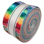 Bunte Jelly Roll „Phantasma“ von Robert Kaufman mit 40 farbenfrohen Stoffstreifen, gerollt und mit fantasievollen Mustern, ideal für Patchwork und Quilts.