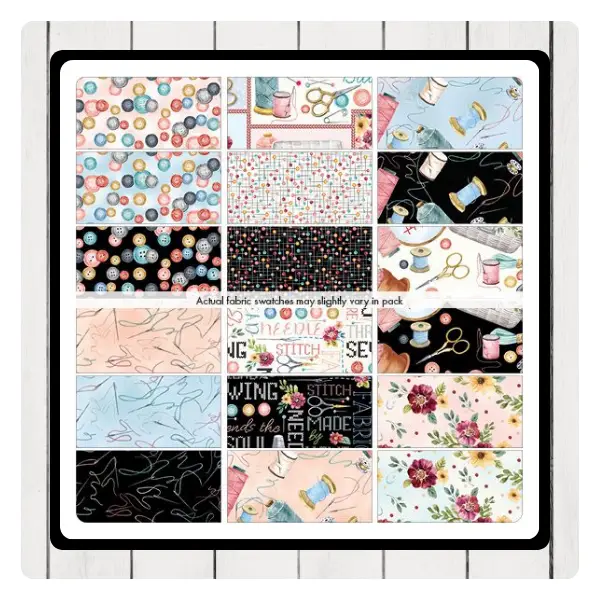 Sew in Love Jelly Roll Stoffstreifen von Benartex, entworfen von Nicole DeCamp, darunter Garnspulen, Stecknadeln, Knöpfe, Maßbänder und Stickrahmen – mit einer ansprechenden Farbpalette aus Rosa, Hellblau, Schwarz, Gold und Weiß.