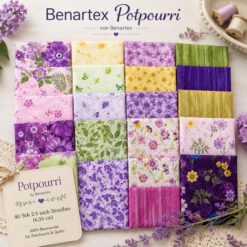 Potpourri Jelly Roll – Stoffrolle von Benartex mit floralen Motiven in Lila, Grün und Gold