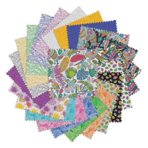 Charm Pack Rooville von Benartex – bunte Stoffquadrate mit Tieren, Pflanzen und fantasievollen Mustern in kräftigen Farben