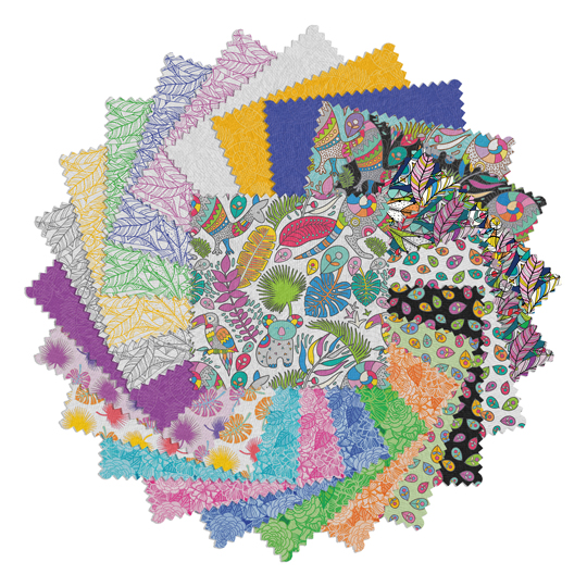 Charm Pack Rooville von Benartex – bunte Stoffquadrate mit Tieren, Pflanzen und fantasievollen Mustern in kräftigen Farben