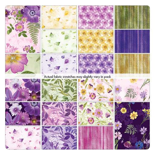 Potpourri Jelly Roll – Stoffrolle von Benartex mit floralen Motiven in Lila, Grün und Gold