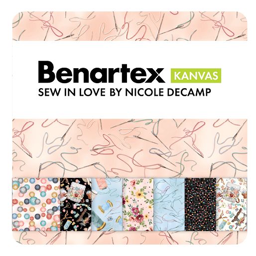Sew in Love Jelly Roll – Stoffrolle von Benartex mit Nähzubehör-Motiven in Rosa, Hellblau und Schwarz