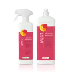 Zwei Flaschen Sonett Sprühstärke & Bügelhilfe – Sprühflasche & Nachfüllflasche auf weißem Hintergrund