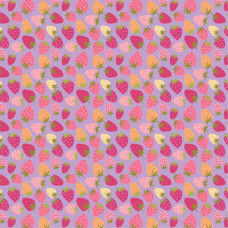 Strawberry Pie Purple Stoff – Calico Cowgirls von Poppy Cotton mit Erdbeermuster in Lila