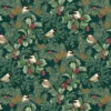 Dunkler Baumwollstoff mit Meisen auf Tannenzweigen und dezenten Gold-Metallic-Akzenten – A Winter’s Day – Winter Chickadees 16591M‑85 von Benartex.