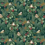 Dunkler Baumwollstoff mit Meisen auf Tannenzweigen und dezenten Gold-Metallic-Akzenten – A Winter’s Day – Winter Chickadees 16591M‑85 von Benartex.