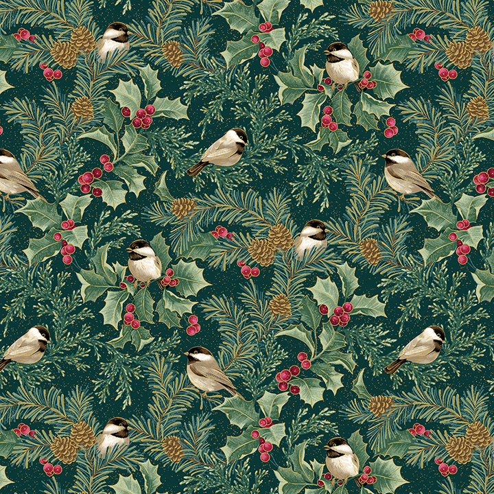 Dunkler Baumwollstoff mit Meisen auf Tannenzweigen und dezenten Gold-Metallic-Akzenten – A Winter’s Day – Winter Chickadees 16591M‑85 von Benartex.