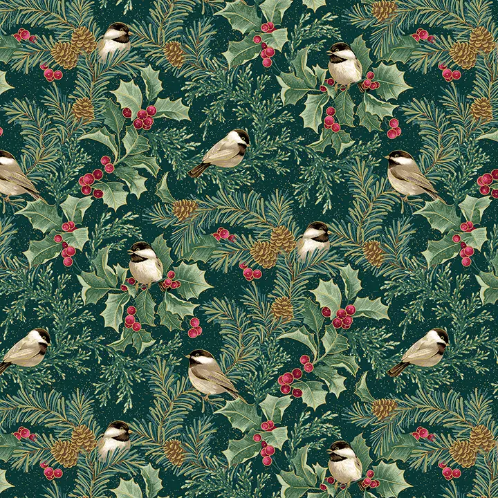 Dunkler Baumwollstoff mit Meisen auf Tannenzweigen und dezenten Gold-Metallic-Akzenten – A Winter’s Day – Winter Chickadees 16591M‑85 von Benartex.