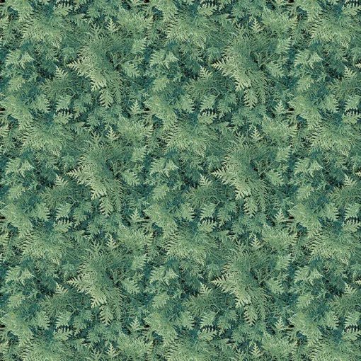 Grüner Baumwollstoff mit Tannennadeln und Gold-Metallic-Akzenten – A Winter’s Day – Grand Fir Green von Benartex.