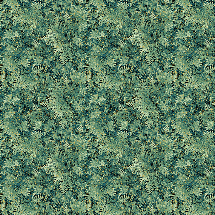 Grüner Baumwollstoff mit Tannennadeln und Gold-Metallic-Akzenten – A Winter’s Day – Grand Fir Green von Benartex.