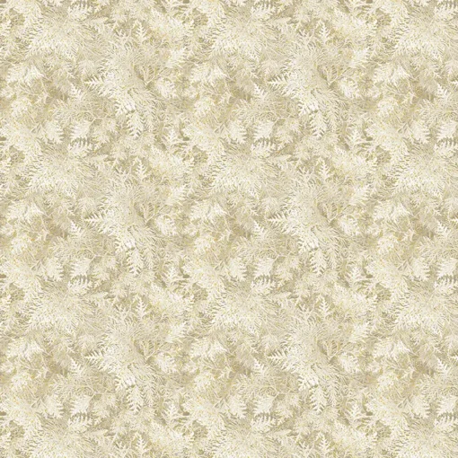 Beiger Baumwollstoff mit Tannennadeln und Gold-Metallic-Akzenten – A Winter’s Day – Grand Fir Beige 4744M‑70 von Benartex.