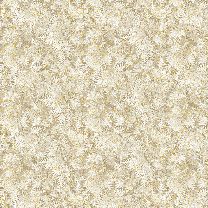 Beiger Baumwollstoff mit Tannennadeln und Gold-Metallic-Akzenten – A Winter’s Day – Grand Fir Beige 4744M‑70 von Benartex.