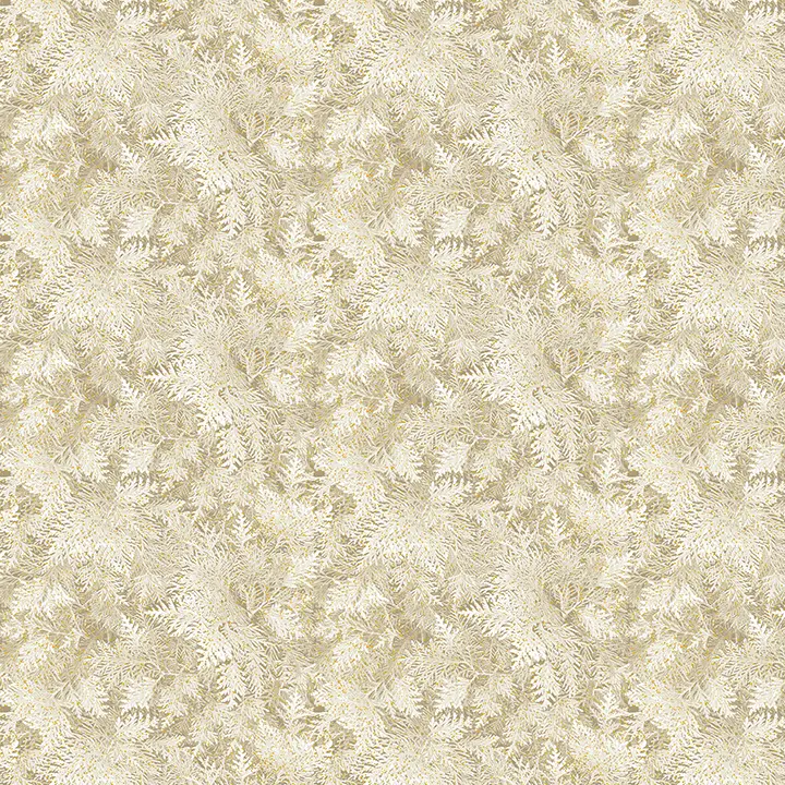 Beiger Baumwollstoff mit Tannennadeln und Gold-Metallic-Akzenten – A Winter’s Day – Grand Fir Beige 4744M‑70 von Benartex.