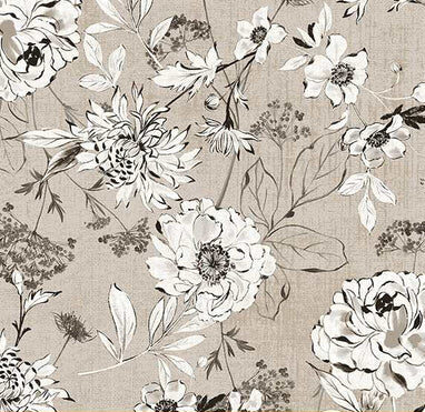 Cremefarbener Baumwollstoff mit skizzenhaften grauen Blättern – perfekt als Quiltrückseite oder Quilt Backing – Botanical Sketches Flax von Windham Fabrics.