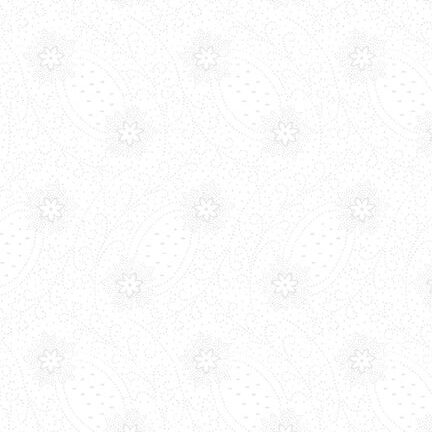 Weiß auf Weiß Baumwollstoff mit feinem Muster aus Punkten, Blumen und Ranken – Benartex Domino Effect Dotted Flowers & Scrolls (12421‑09).