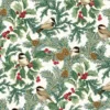 Weißer Baumwollstoff mit Meisen, Tannenzweigen und Metallic-Akzenten – A Winter’s Day – Winter Chickadees von Benartex.
