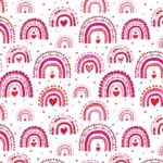 Baumwollstoff Meterware mit pink-roten Regenbögen, kleinen Herzen und dem Schriftzug „Love“ auf weißem Hintergrund Regenbogenstoff mit Herzen