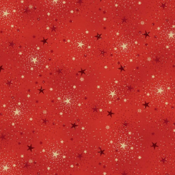 Roter Weihnachtsstoff Adorn Sparkle von Makower UK mit goldfarbenen Sternen und Metallic-Sprenkeln