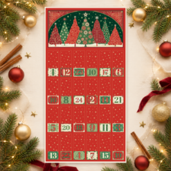 Rotes Adorn Adventskalender-Panel von Makower UK mit Weihnachtsbäumen, 24 Taschen und goldfarbenen Metallic-Akzenten